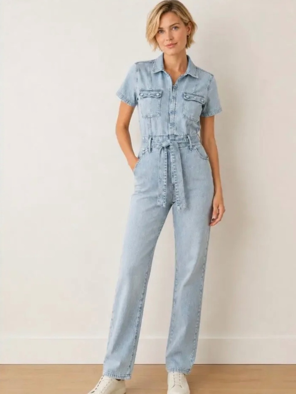 Good American sz3 Denim Jumpsuit Short Sleeve with Belt
